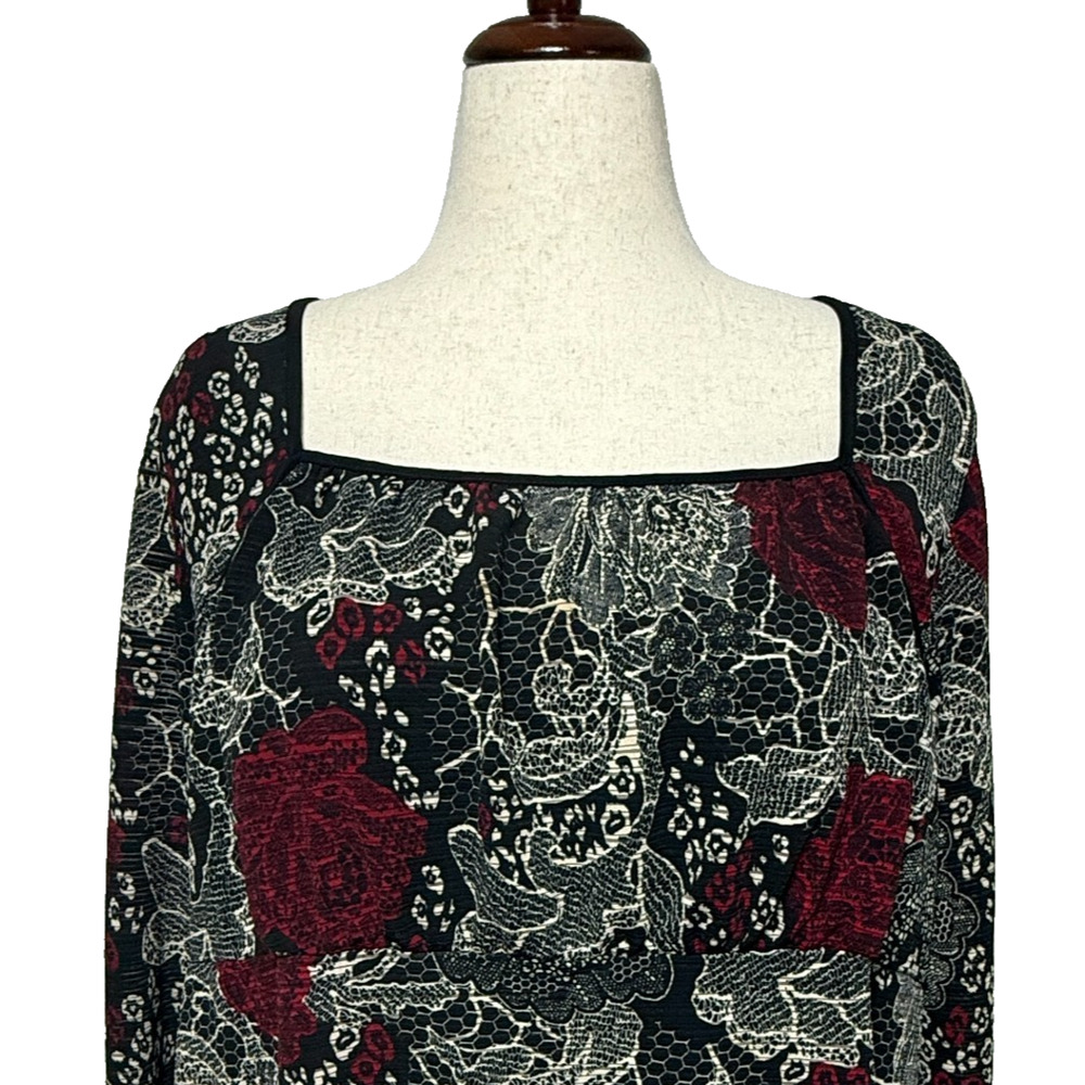 Jaclyn Smith Top Womens 3X Black Red Floral Square Neck Flowy Stretch‎ Career